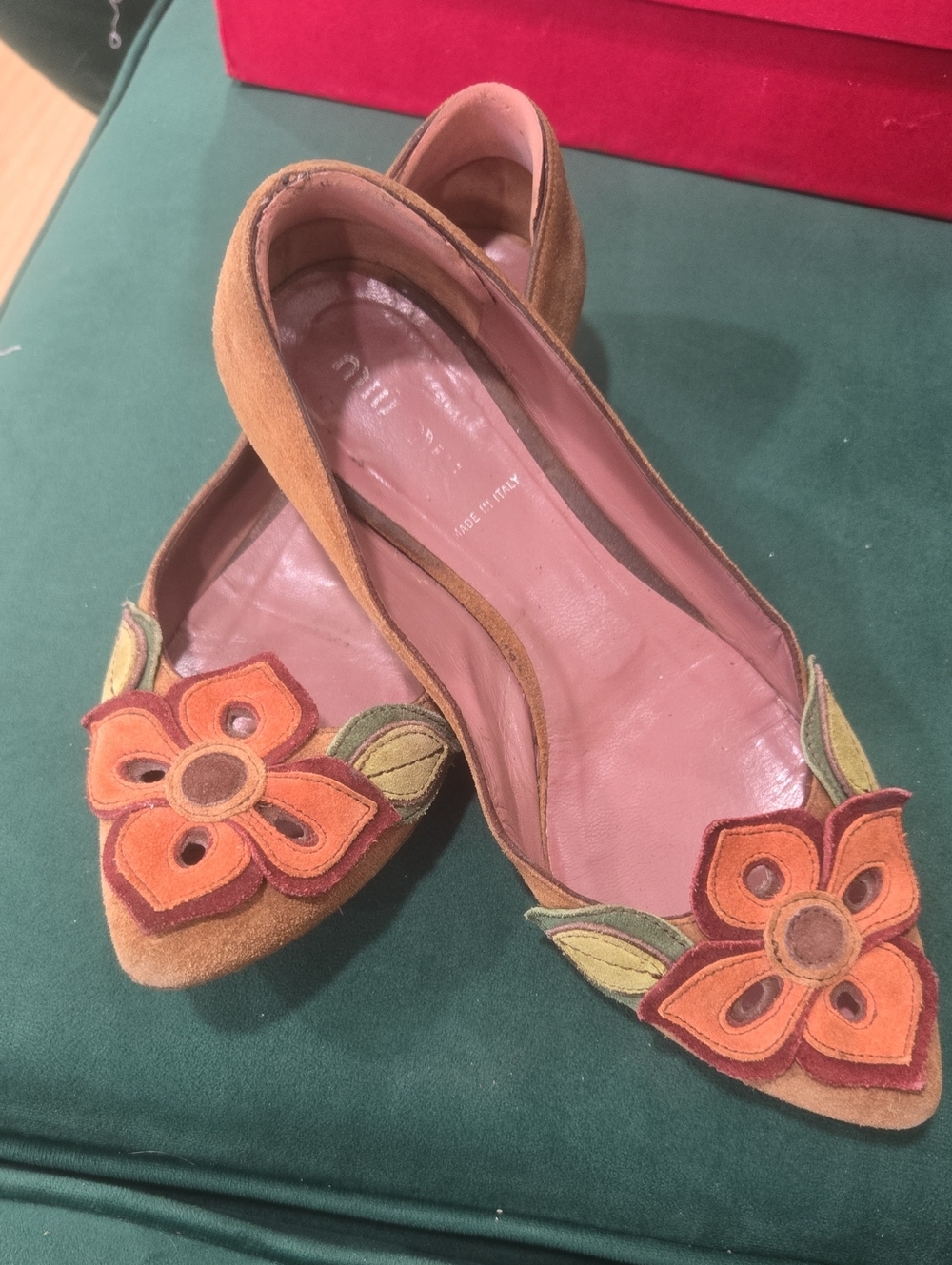 Miu Miu Tan Suede Pointed-Toe Floral Appliqué Flats with Orange & Green